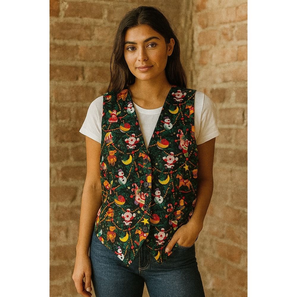 Womens Christmas Vest‎ Holiday Novelty Print Santa Snowman Gingerbread House